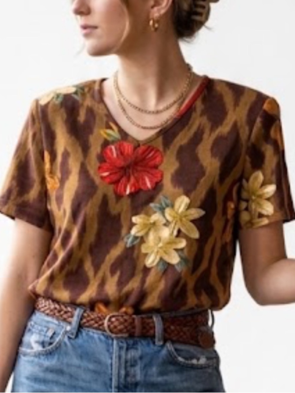 Vintage 90s Karen Scott Embellished Floral & Animal Print Top w/ Shoulder Pads